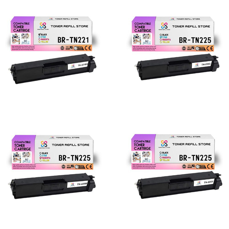 4PK TN221 TN225 Compatible Toner Cartridges for Brother HL-3140CW HL-3170CDW MFC-9130CW