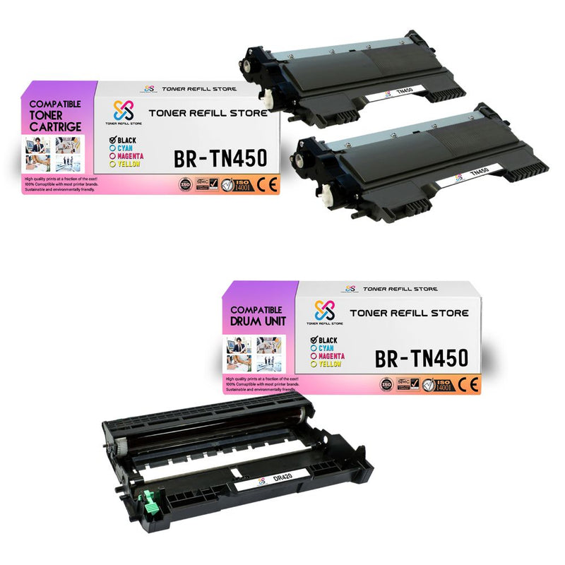 2 Pack Brother Compatible TN450 Toner Cartridges and 1 Compatible Brother DR420 Drum Unit