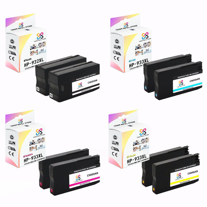 Toner Refill Store Compatible HP 932XL & 933XL 8-Set High Yield Ink Cartridges for Hewlett Packard: 2 Black & 2 each of Cyan - Magenta - Yellow
